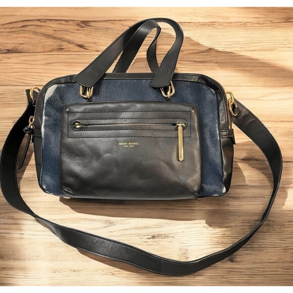 Henri Bendel Black Mercer w/Blue Haircalf Camera Satchel Bag Purse READ